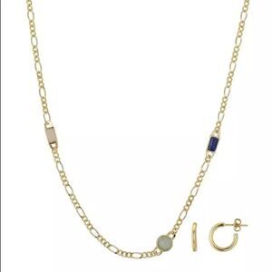 14K Gold Flash Plated Genuine Stone Figaro Chain Necklace and Hoop Earring Set